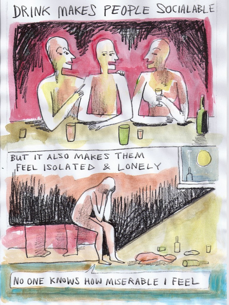Drink makes people sociaable but it also makes them lonely. Illustration by Hugh McMahon.
